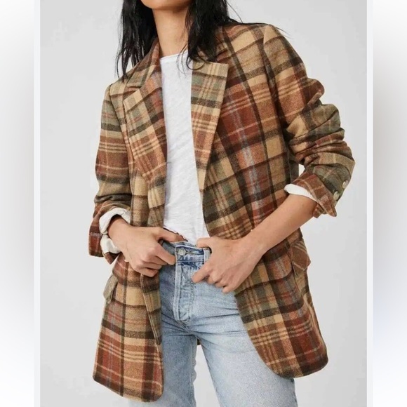 Free People Mari Plaid Boxy Blazer in Winter Wheat